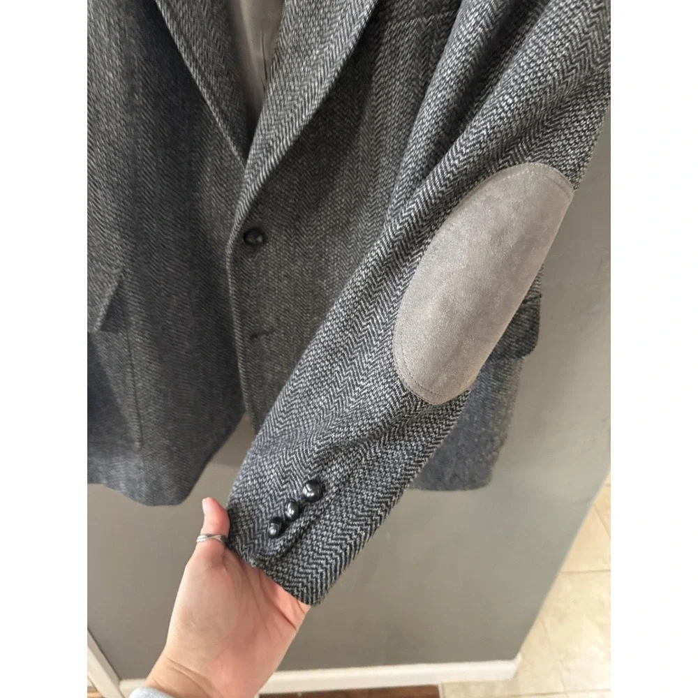 Pendleton 46 Long Grey Herringbone Wool Blazer Suede‎ Elbow Patches Sport Coat